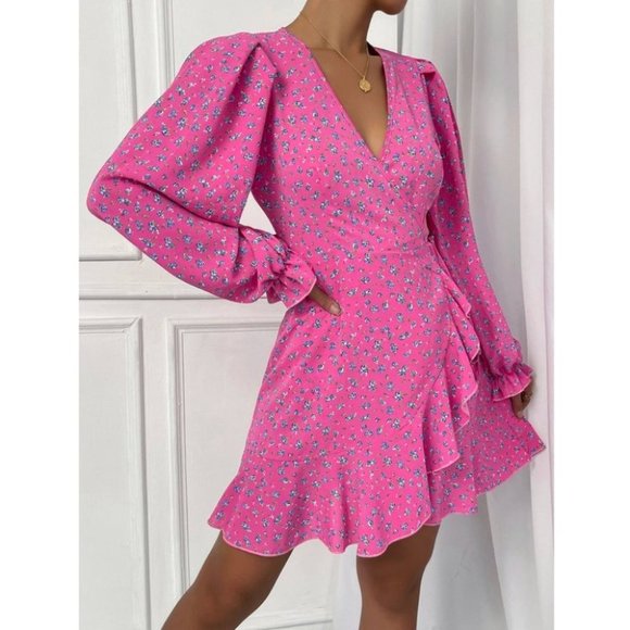 Pink Boho Ditsy Floral Flounce Long Sleeve Knot Side Mini Dress - Picture 6 of 6